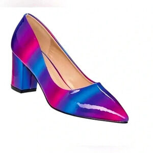 ANGEL STEPS* Faux Leather Purple Multicolored Block Heel Pointed Closed Toe Pump